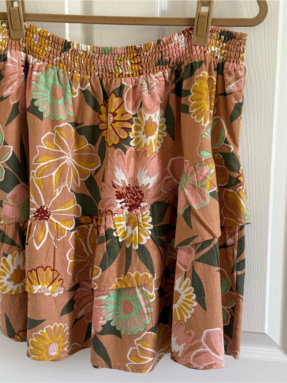 Roxy Floral Tiered Smocked Circle Skirt in Brown, Pink, Yellow & Mint